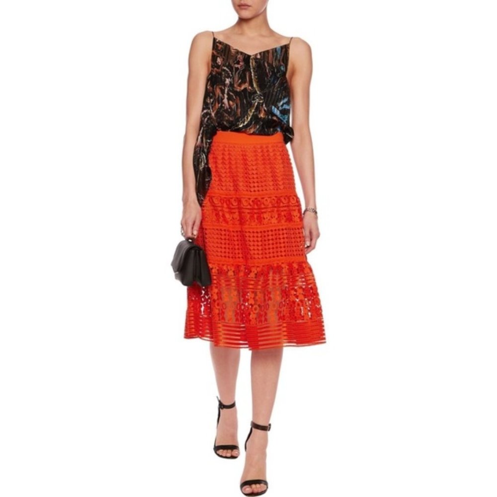 New Rene Derhy Orange Lace Midi Skirt